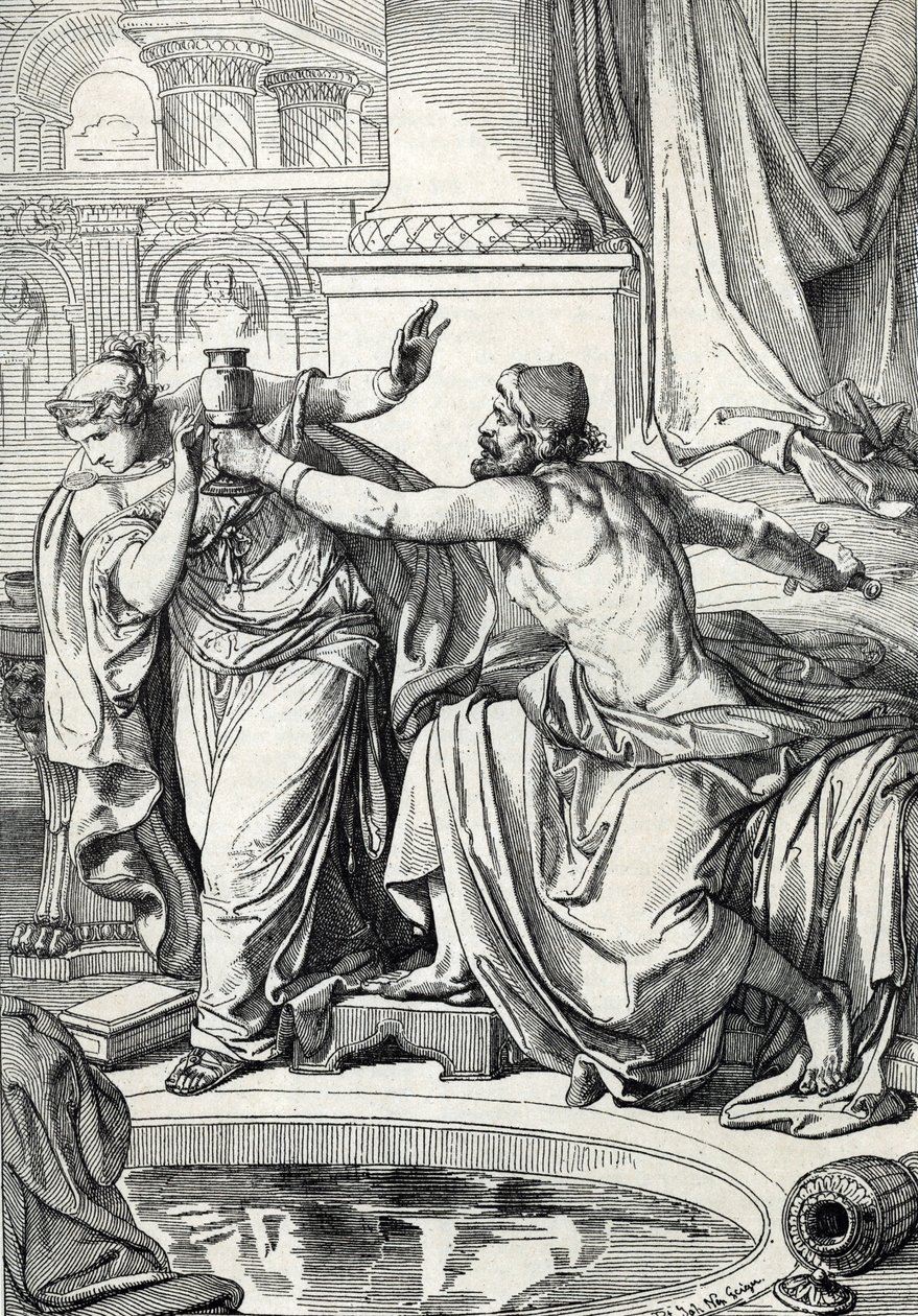 Den gepide prinsessen Rosemonde (død 572) og kjæresten morderen av ektemannen kong Alboin forgiftet seg selv med den samme koppen gift, 572 (Gepid prinsesse Rosamund (eller Rosamunde) og kjæresten hennes dreper seg selv med den samme koppen gift, 572) Tegn av Peter Johann Nepomuck Geiger