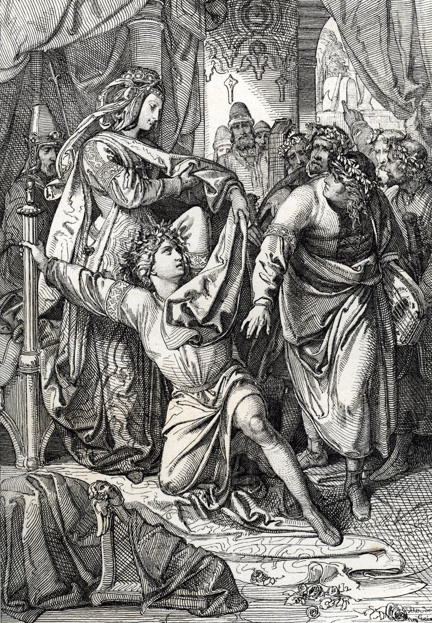 Den poetiske konkurransen til slottet Wartburg i Tyskland i 1207: Minnesangerne konkurrerer i poetiske spill, trubaduren Henri d'Ofterdingen beskyttet av grevinnen (Heinrich von Ofterdingen, Minnesinger som deltok i Sangerkrieg (Minstrels' c) av Peter Johann Nepomuck Geiger