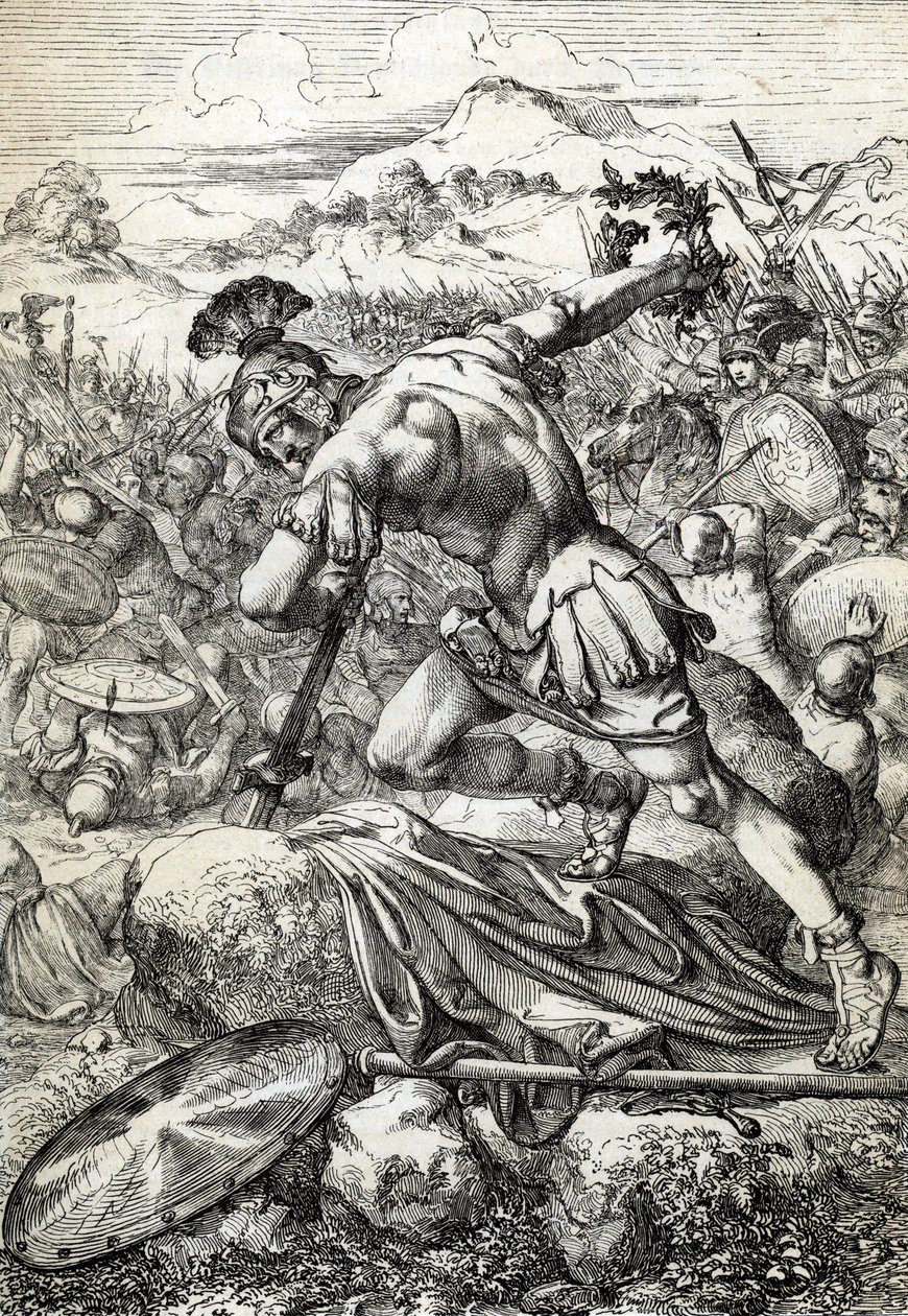 Selvmordet til den romerske general Varus (Publius Quinctilius Varus) (46 f.Kr.-9 e.Kr.) på sverdet hans i slaget ved Teutoburg (Teutoburger Wald eller Teutberg) som motarbeidet romerne til tyskerne i 9 e.Kr. (Selvmord av den romerske generalen Varus i sla av Peter Johann Nepomuck Geiger