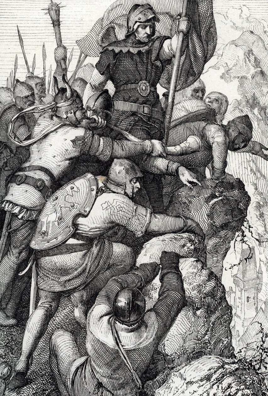 Troppene til Othon I av Baviere (1117-1183) nær Verona i Italia 1155 (Otto I, hertugen av Bayern og hans hær nær Verona, Italia 1155) Fjærtegning fra "Historische Memorabilian des In-und Auslandes"" (Historiske suvenirer) av Anton Ziegler av Peter Johann Nepomuck Geiger