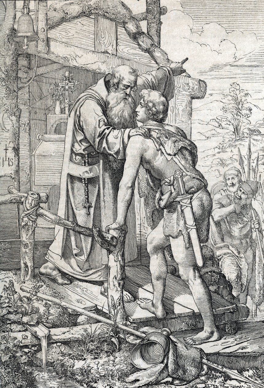 Den unge Odoacre (ca. 433-493) mottar velsignelsen av Severin, Apotre de Norique, ca. 470 (Odoacer møter munken Severinus av Noricum som får vite at han en dag ville bli berømt, 470 ca.) Tegner en penn tegnet fra "" Historische Memorabilian des av Peter Johann Nepomuck Geiger