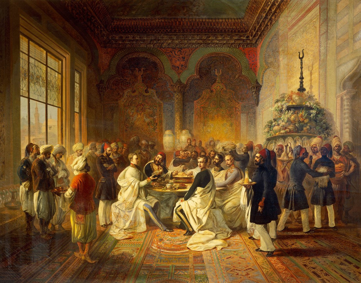 Lunsj gitt i Smyrna av Halim Pasha, illustrasjon fra Reisen til Maximilian av Habsburg og hans bror Charles Louis i Middelhavet, av Peter Johann Nepomuk Geiger av Peter Johann Nepomuk Geiger