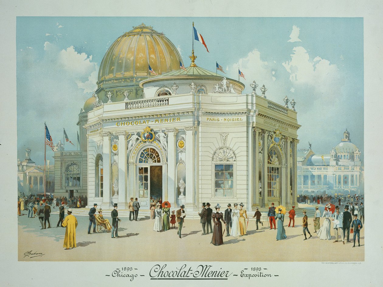 Chocolate-Menier Pavilion, verdens colombianske utstilling, Chicago, Illinois, Perspective View, 1893. av Peter Joseph Weber