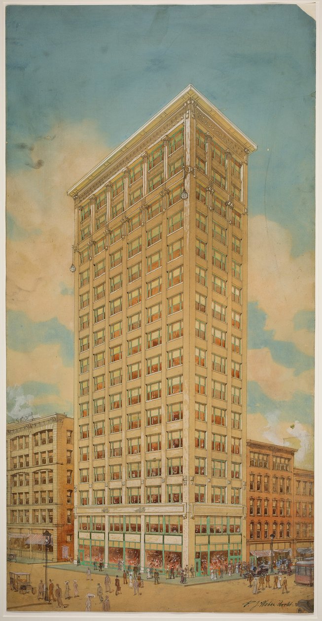 Prairie School Skyscraper, Chicago, Illinois, Perspektiv, 1910. av Peter Joseph Weber