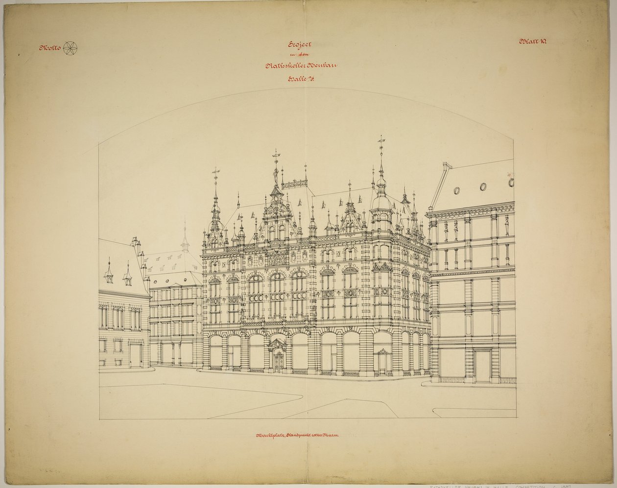 Rathskeller nybygg, Halle (Saale), Sachsen-Anhalt, Tyskland, Perspektiv (uferdig) av Peter Joseph Weber