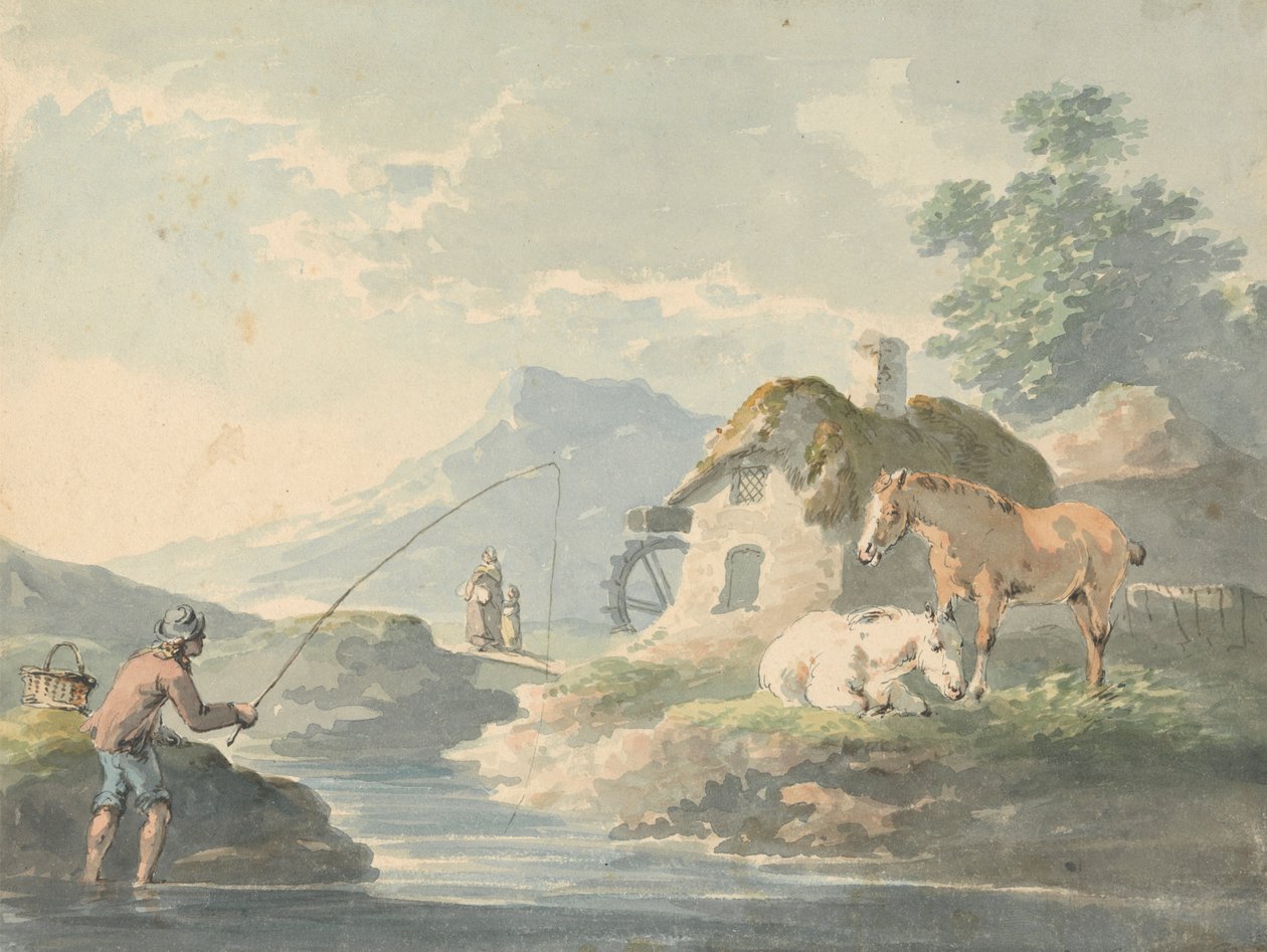Rustikk scene: mann fiske, venstre; hytte med vannmølle og hester rett av Peter La Cave