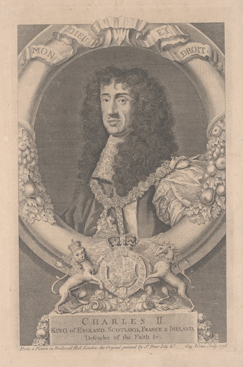 Charles II, konge av England, Skottland, Frankrike og Irland, gravert av George Vertue (1684-1756) av Peter Lely