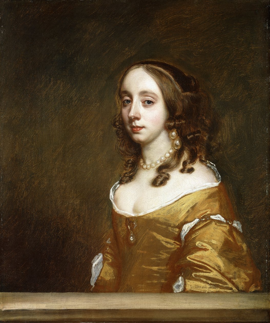 Portrett av en dame fra Popham-familien, halvlang, bak en kasse, iført en oransje kjole, av Peter Lely