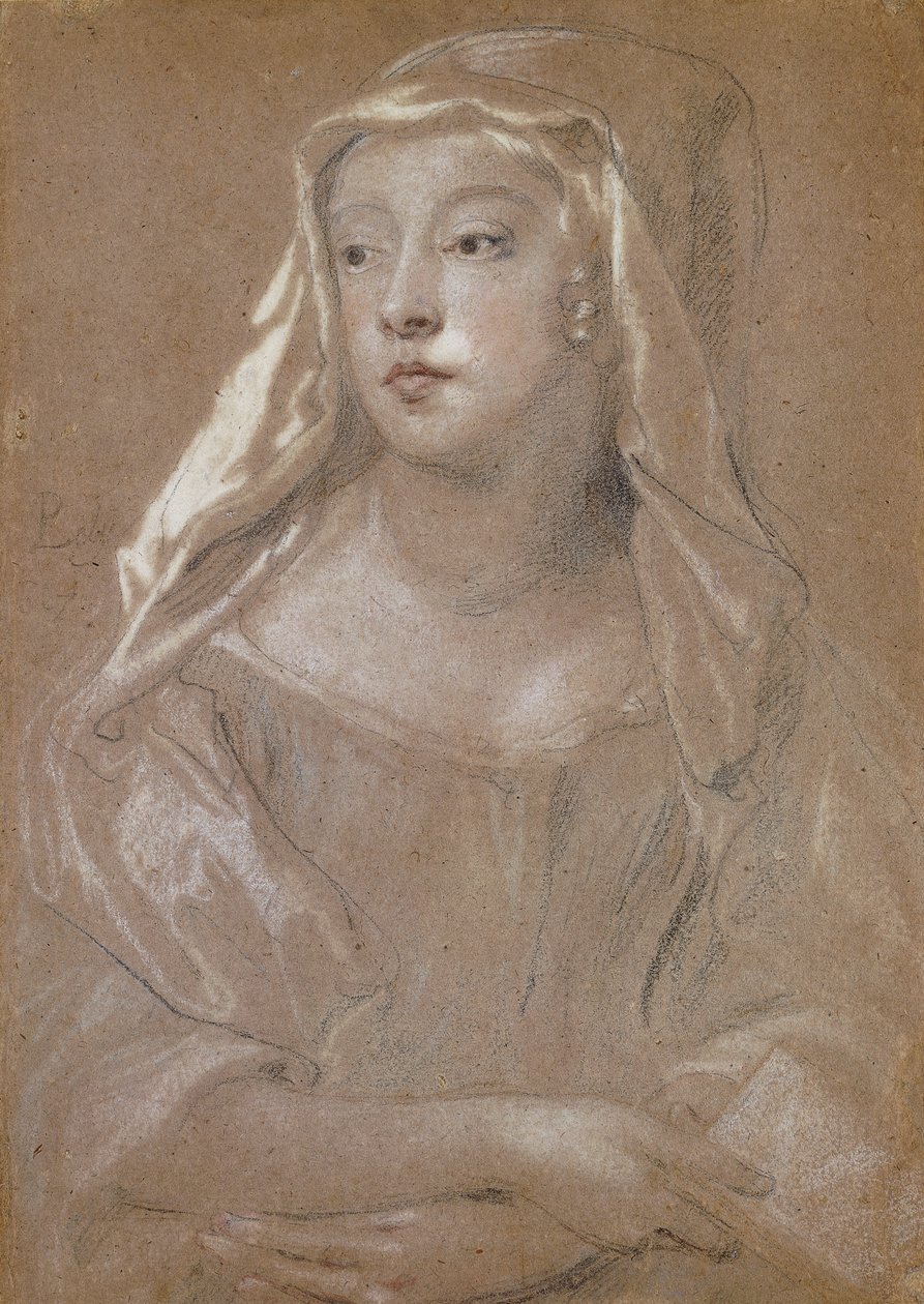 Portrait of a Young Lady, tradisjonelt identifisert som Sarah Jennings, hertuginne av Marlborough, halv lengde, Holder en bok, hendene i kors på fanget, hodekjolen drapert på skuldrene, 1667 av Peter Lely