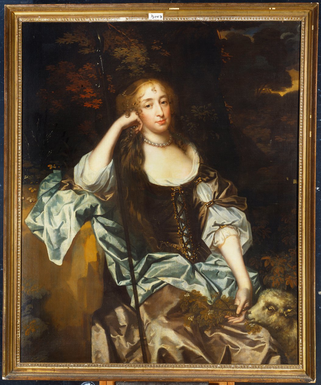 Portrett av en dame med kjæledyrlammet hennes ved siden av Peter Lely