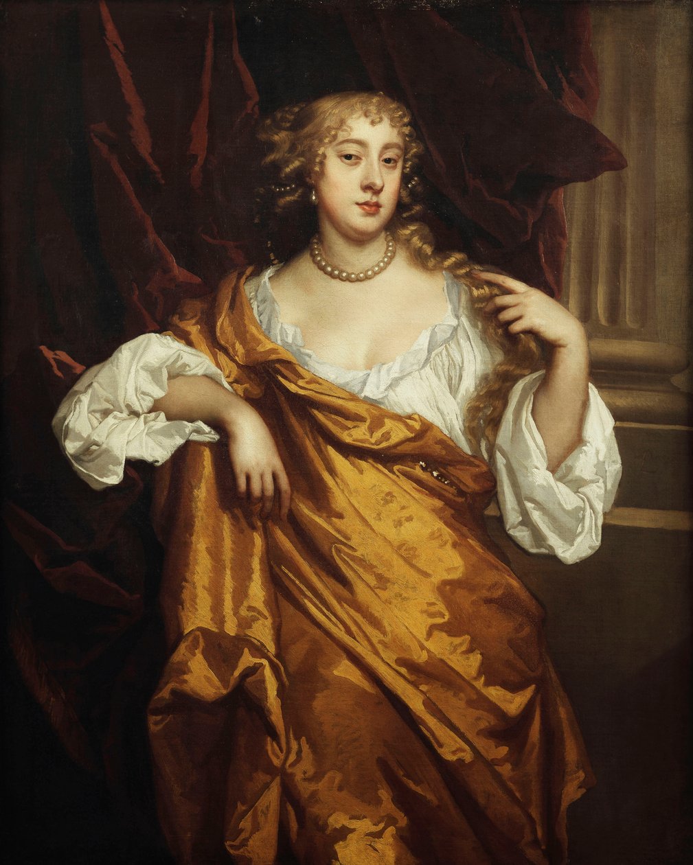 Portrett av Hon. Mary Wharton, stående trekvart lengde, i en hvit kjemi og gul kappe av en rødbrun drapert søyle, av Peter Lely