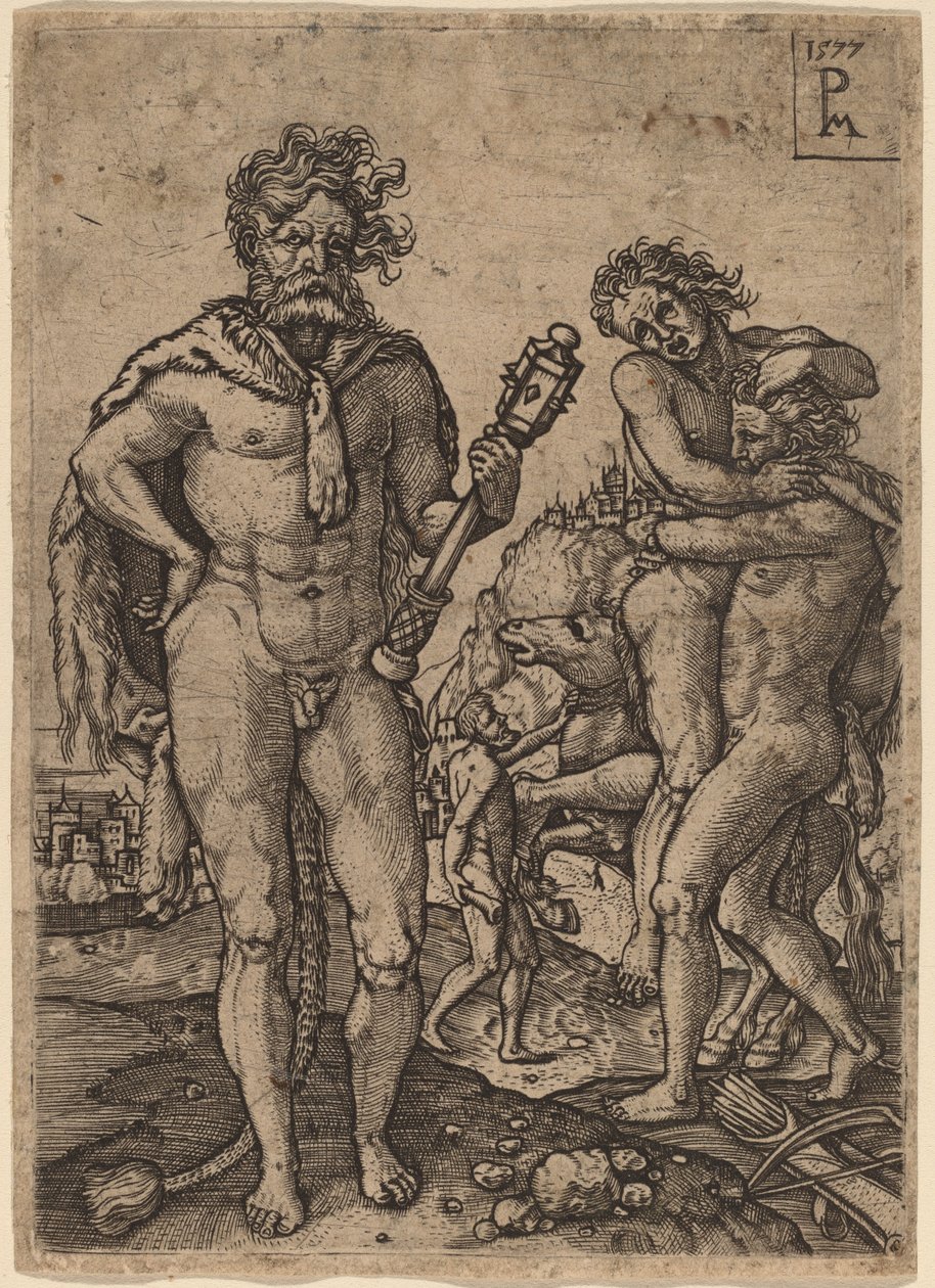 Hercules og Antaeus av Peter Maes after Heinrich Aldegrever