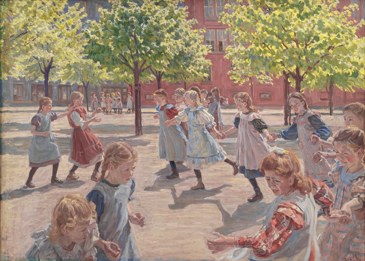 Lekende barn, Enghave plass, 1907-08 av Peter Marius Hansen
