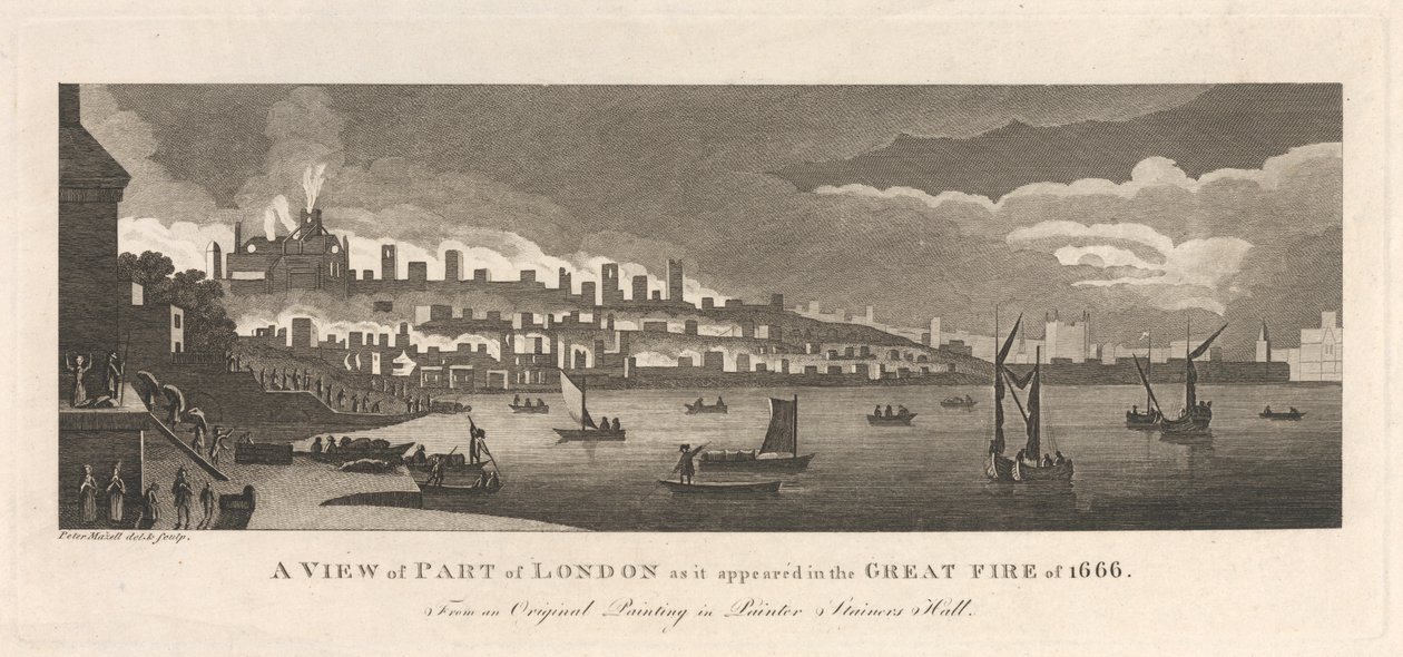 En utsikt over en del av London slik den dukket opp i den store brannen i 1666 av Peter Mazell