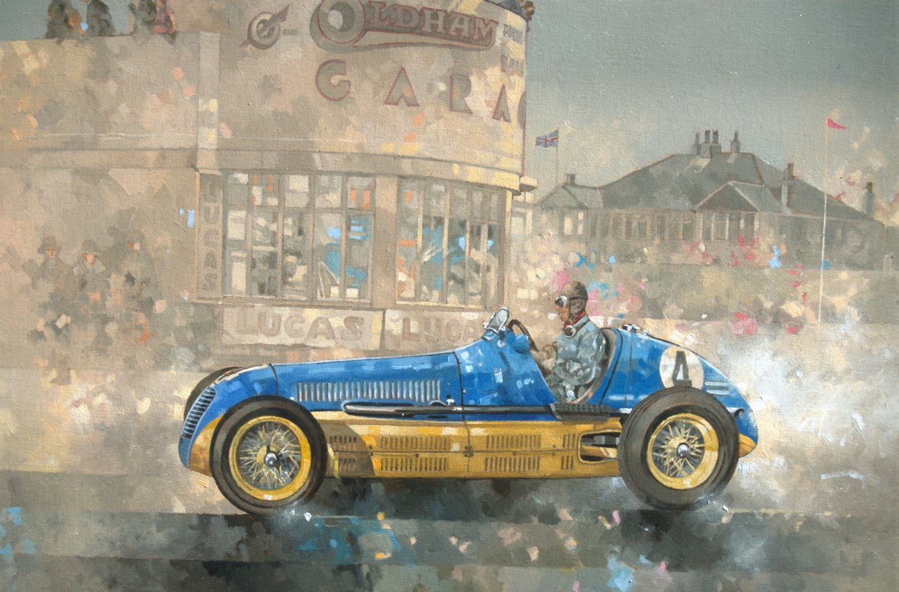 Blå og gul Maserati av Bira (olje på lerret) av Peter Miller