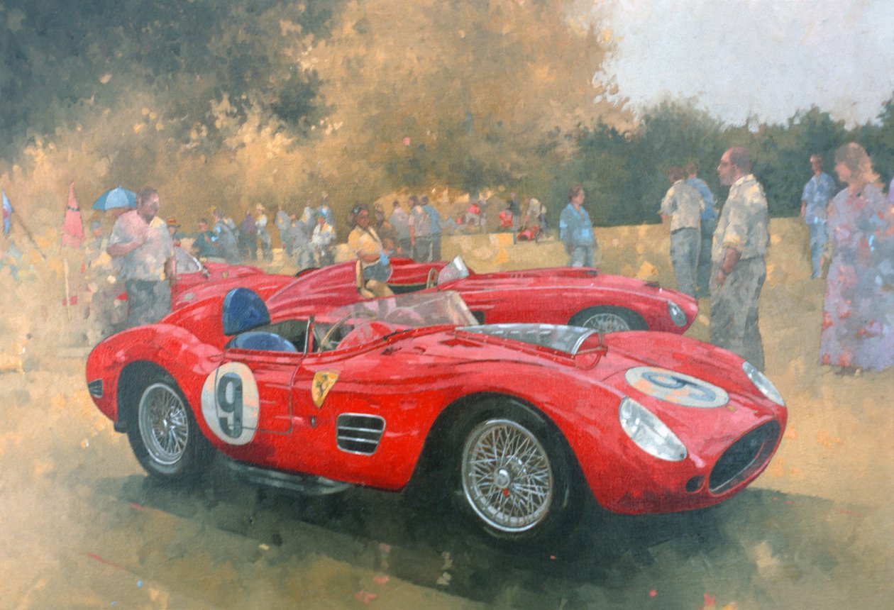 Ferrari, dag ute på Meadow Brook (olje på lerret) av Peter Miller
