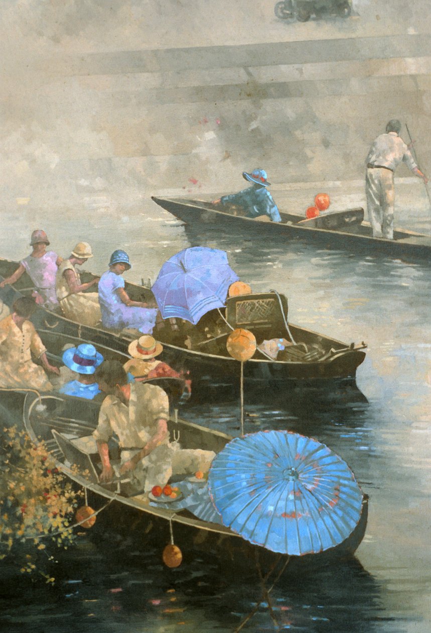 Punts on the Wey at Brooklands (olje på lerret) av Peter Miller