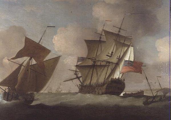En tredjerangs slutter seg til skvadronen hennes utenfor Elizabeth Castle, Jersey av Peter Monamy