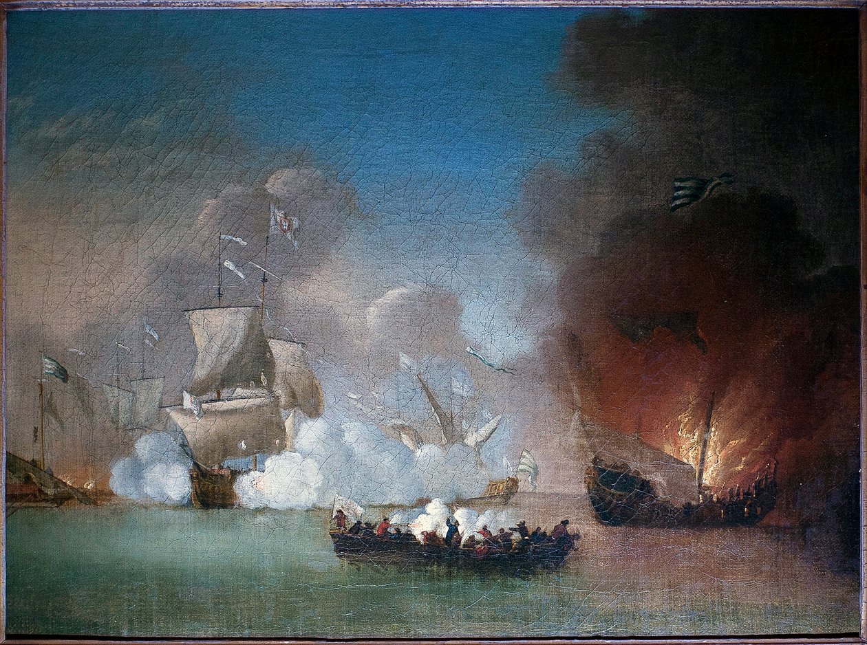 Sjøslag mellom et portugisisk krigsskip og stikkende piratbysser - Maleri av Peter Monamy (aktivt mellom 1681 og 1749), olje på lerret, ca. 1685 (Sjøaksjon mellom en portugisisk krigsmann og et antall Barbary piratbysser, av Peter Monamy, av Peter Monamy