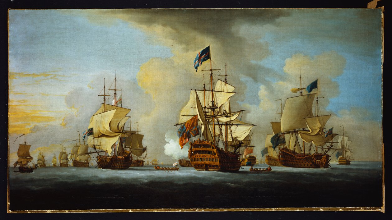 Den engelske flåten for anker med admiralens skip som signaliserer til vise- og kontreadmiralene til de hvite og blå skvadronene av Peter Monamy