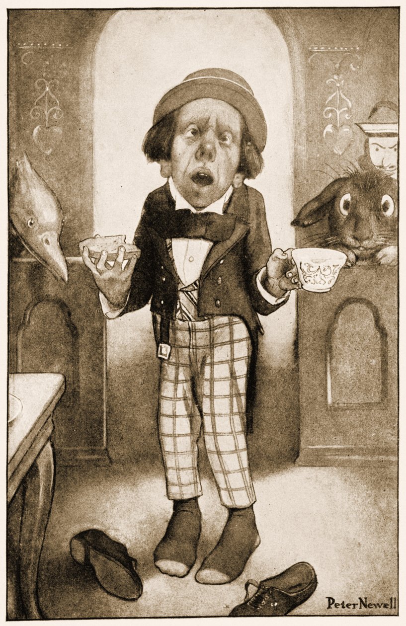 Jeg er en fattig mann, Deres Majestet, Hattemakeren begynte, med skjelvende stemme, illustrasjon for Lewis Carrolls Alices Adventures in Wonderland, 1901 av Peter Newell