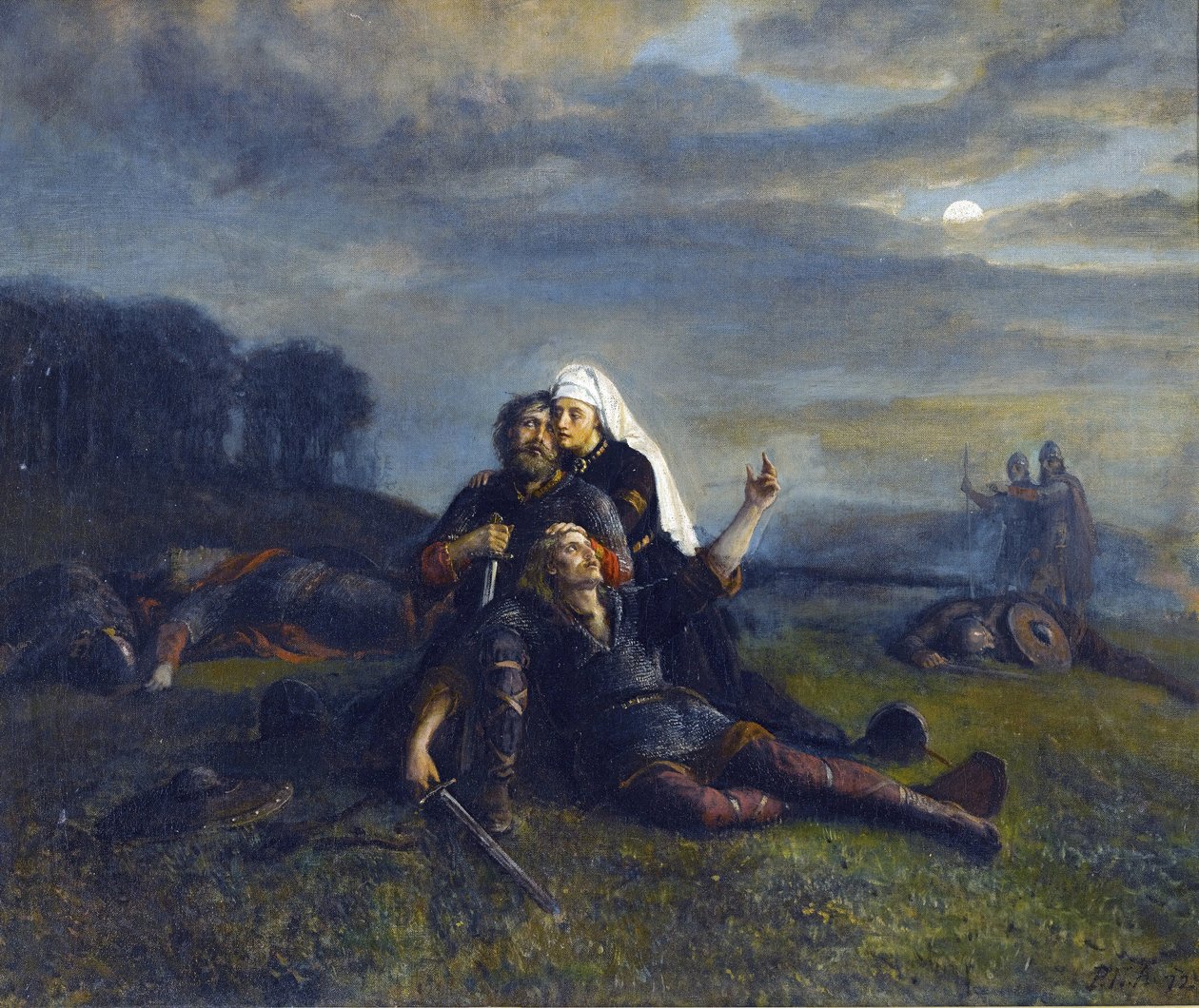 Slaget ved Stiklestad (29. juli 1030) - Etter slaget - av Peter Nicolai Arbo (1831-1892), - Olje på lerret, 51x61,5 - Privat samling av Peter Nicolai Arbo