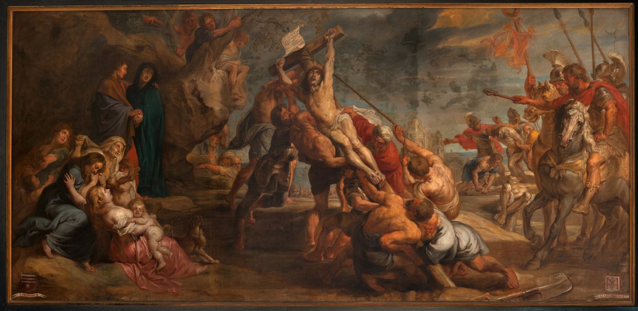 Oppføring av Kristi kors L'érection de Jésus en croix). Philibert Delmotte. 18. århundre. Skjold nederst til venstre MAGNIFICÈ. Skjold nederst til høyre M. HANNEKAERT. Barokk. av Peter Paul (after) Rubens