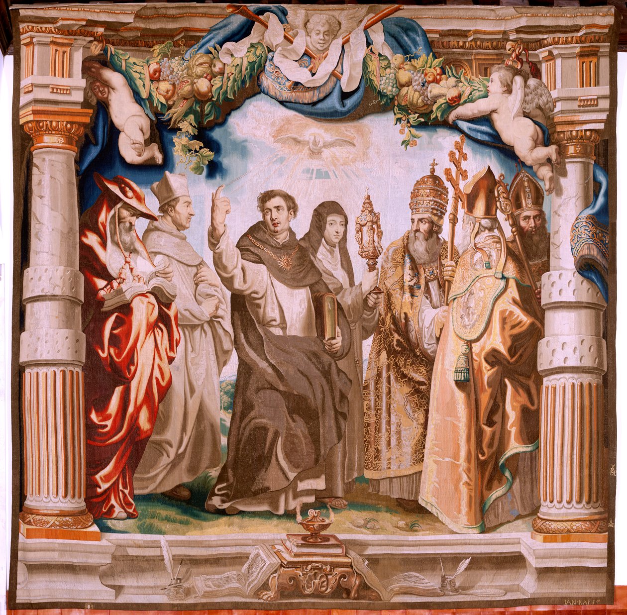 flamsk billedvev. Serien Nattverdens triumf. Eukaristiens forsvarere (os defensores de la Eucaristía). Tiende billedvev i serien. Modell Peter Paul Rubens. 1626-1628. Produksjon Jan II Raes, Hans Vervoert, Jacques Fobert, Brussel av Peter Paul (after) Rubens