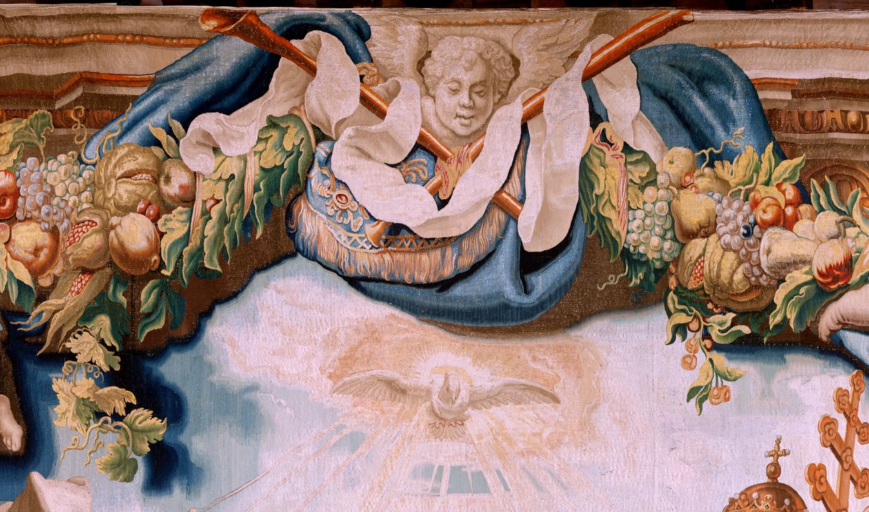flamsk billedvev. Serien Nattverdens triumf. Eukaristiens forsvarere (os defensores de la Eucaristía). Tiende billedvev i serien. Modell Peter Paul Rubens. 1626-1628. Produksjon Jan II Raes, Hans Vervoert, Jacques Fobert, Brussel av Peter Paul (after) Rubens