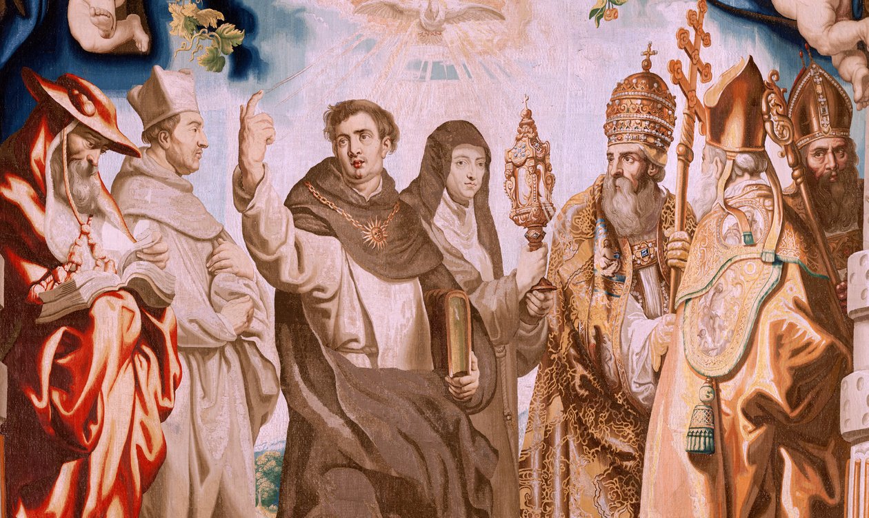 flamsk billedvev. Serien Nattverdens triumf. Eukaristiens forsvarere (os defensores de la Eucaristía). Tiende billedvev i serien. Modell Peter Paul Rubens. 1626-1628. Produksjon Jan II Raes, Hans Vervoert, Jacques Fobert, Brussel av Peter Paul (after) Rubens