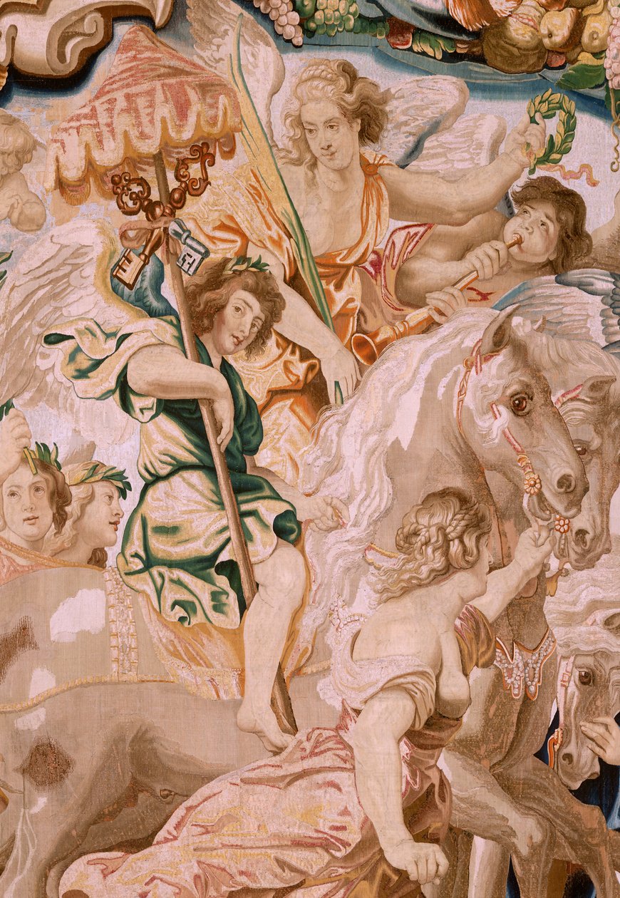 flamsk billedvev. Serien Nattverdens triumf. Kirkens triumf (El Triunfo de la Iglesia). Åttende billedvev i serien. Modell Peter Paul Rubens. 1626-1628. Produksjon Jan II Raes, Brussel av Peter Paul (after) Rubens