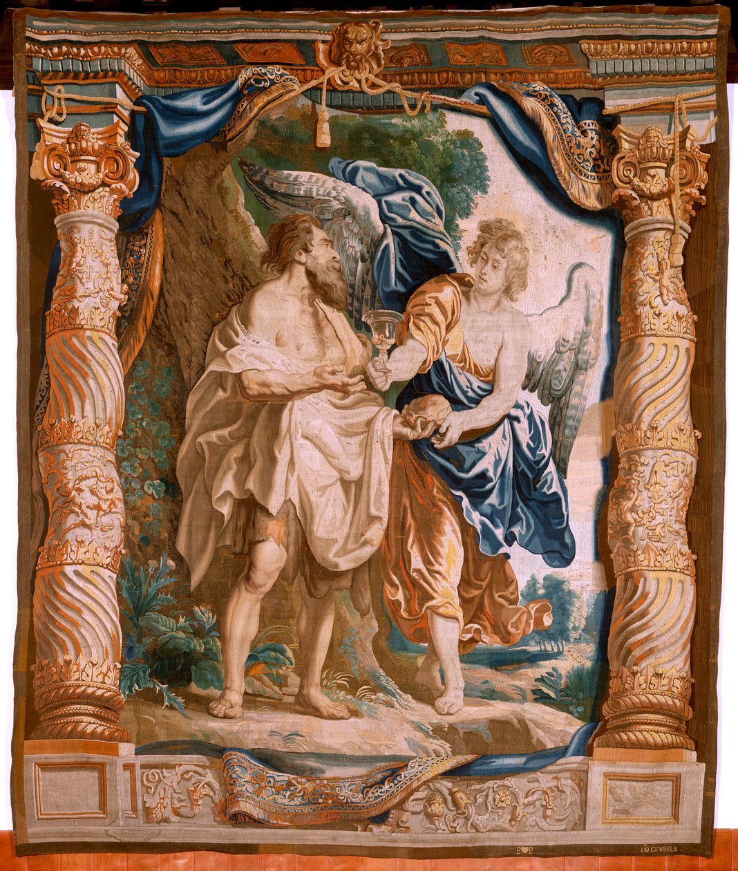flamsk billedvev. Serien Nattverdens triumf. Profeten Elias blir trøstet av engelen (El profeta Elías confortado por el ángel). Femte billedvev i serien. Modell Peter Paul Rubens. 1626-1628. Produksjon Jacob II Geubels, Brussel av Peter Paul (after) Rubens