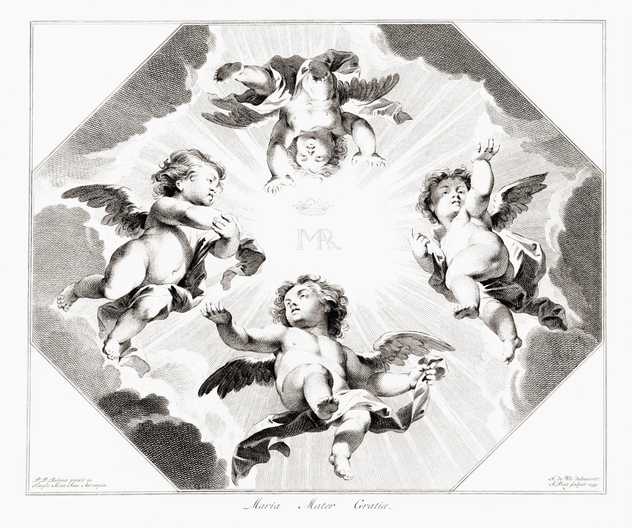 Fire barneengler som feirer Jomfru Maria. av Peter Paul (after) Rubens