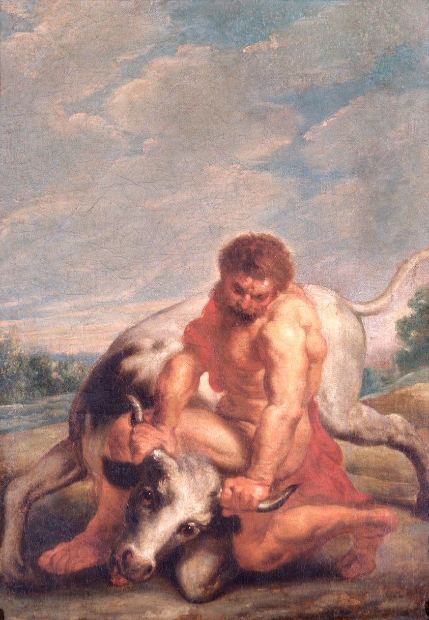 Hercules Wrestling With Achelous i form av en okse (olje på lerret) av Peter Paul (after) Rubens