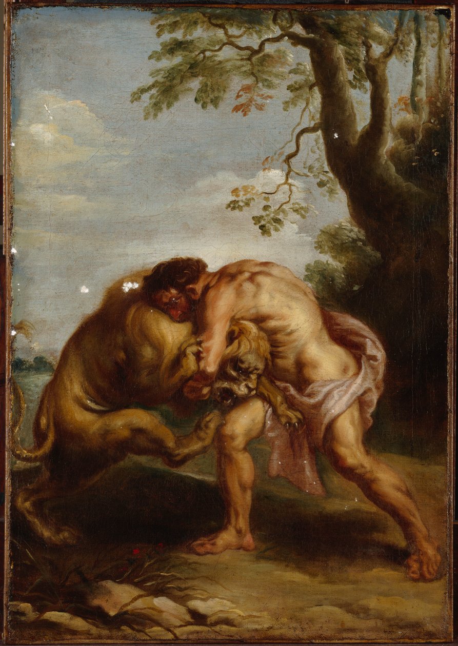 Hercules and the Nemean Lion (olje på lerret) av Peter Paul (after) Rubens