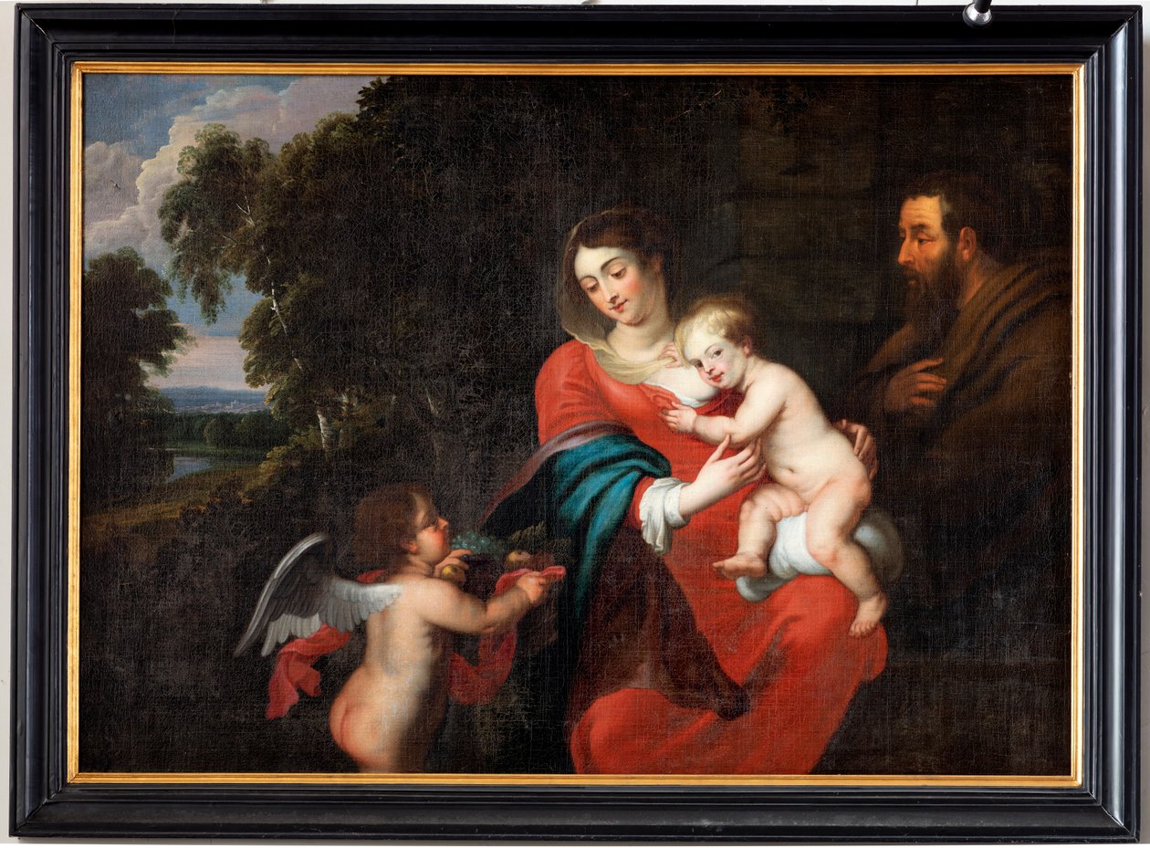 Hellig familie med en engel, Tsysssens eller Jacques D'Arthois (?) (maleri) av Peter Paul (after) Rubens