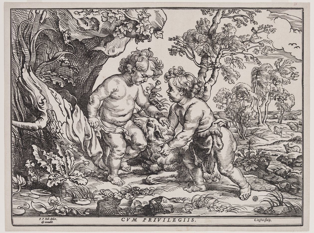 Infant Christ and Saint John Playing with a Lamb, gravering av Christoffel Jegher (1596-1653), etter 1632 (tresnitt) av Peter Paul (after) Rubens