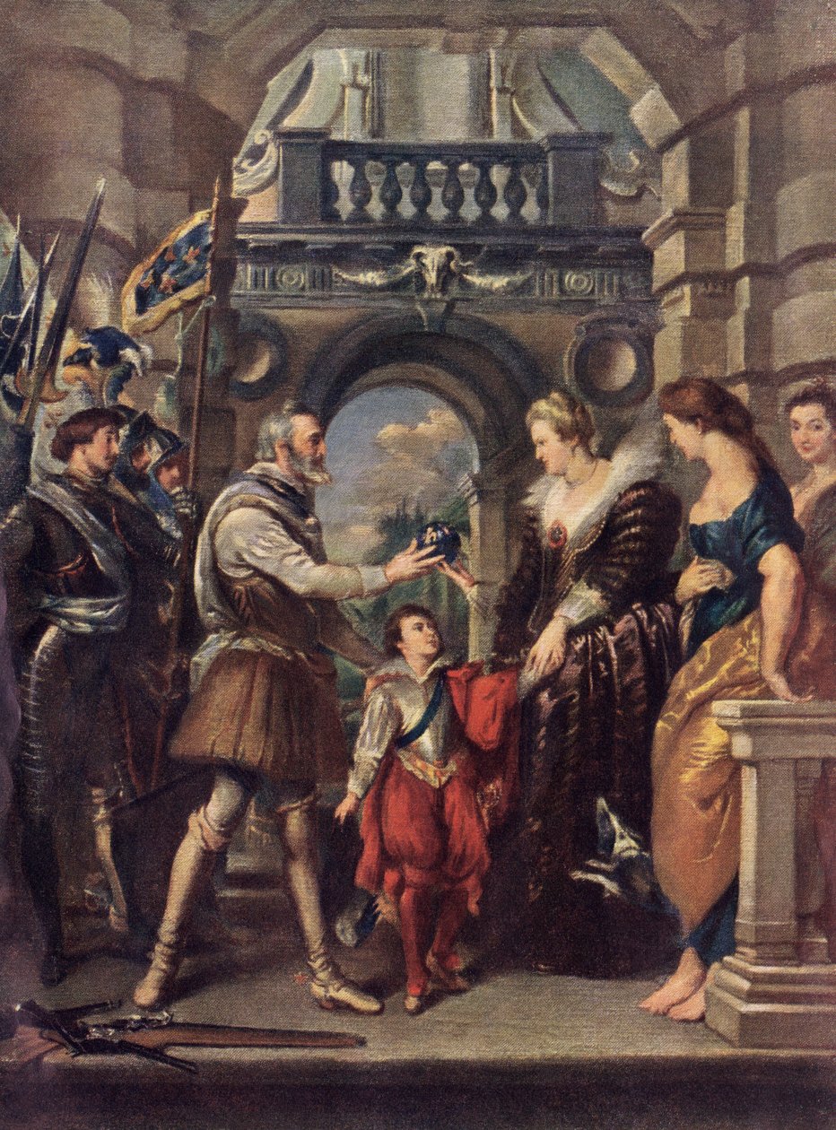 Kong Henri IV av Frankrike med Marie de 'Medici på 1500-tallet (litografi) av Peter Paul (after) Rubens