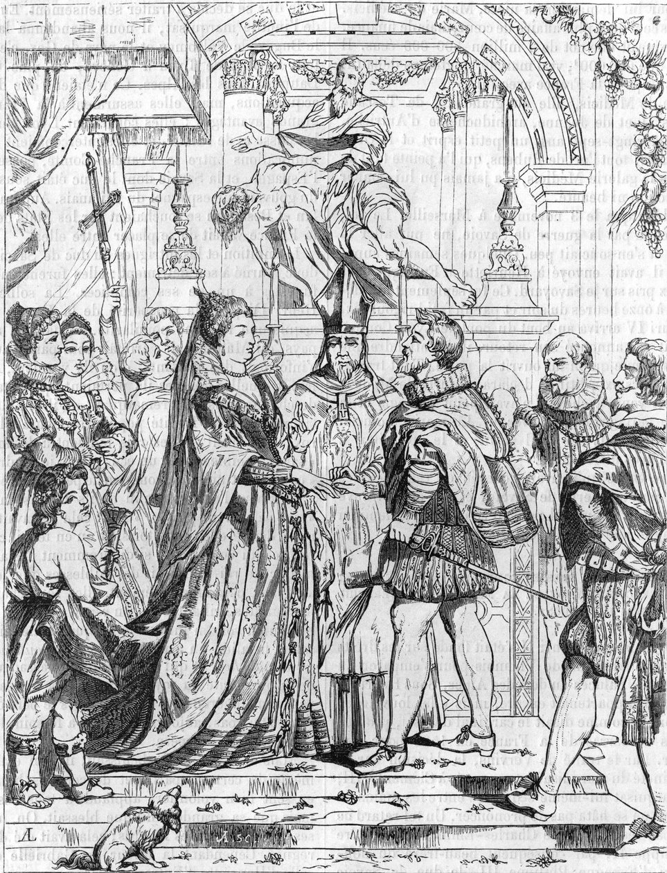Marriage by proxy of Marie de Medicis (1576-1642) with Henry IV in Florence, 5 October 1600. Engraving by Pierre Paul (Pierre-Paul) Rubens (or Peter Paul or Petrus Paulus) (1577-1640). av Peter Paul (after) Rubens