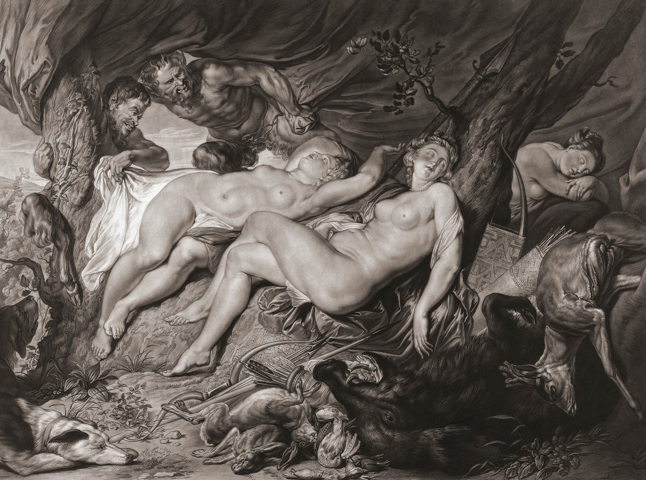 Sovende Diana og nymfene hennes spionert av satyrer. (skrive ut) av Peter Paul (after) Rubens