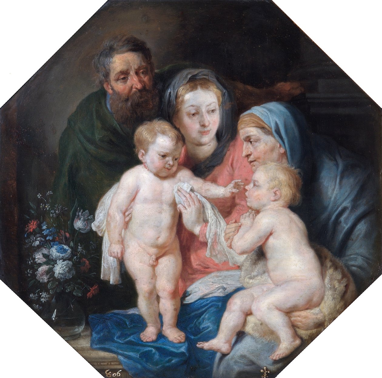 Den hellige familie med St Elizabeth og St John (olje på kobber) av Peter Paul (after) Rubens