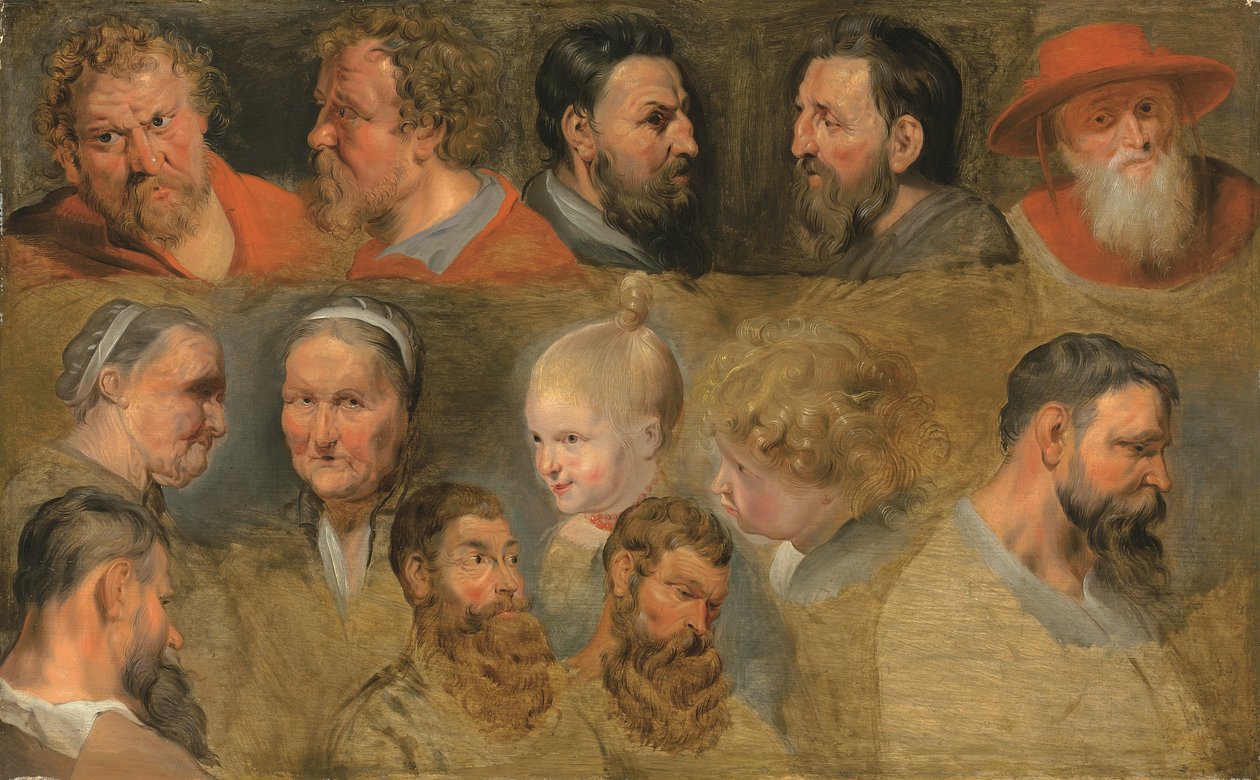 Hodestudier (olje på panel) av Peter Paul (circle of) Rubens