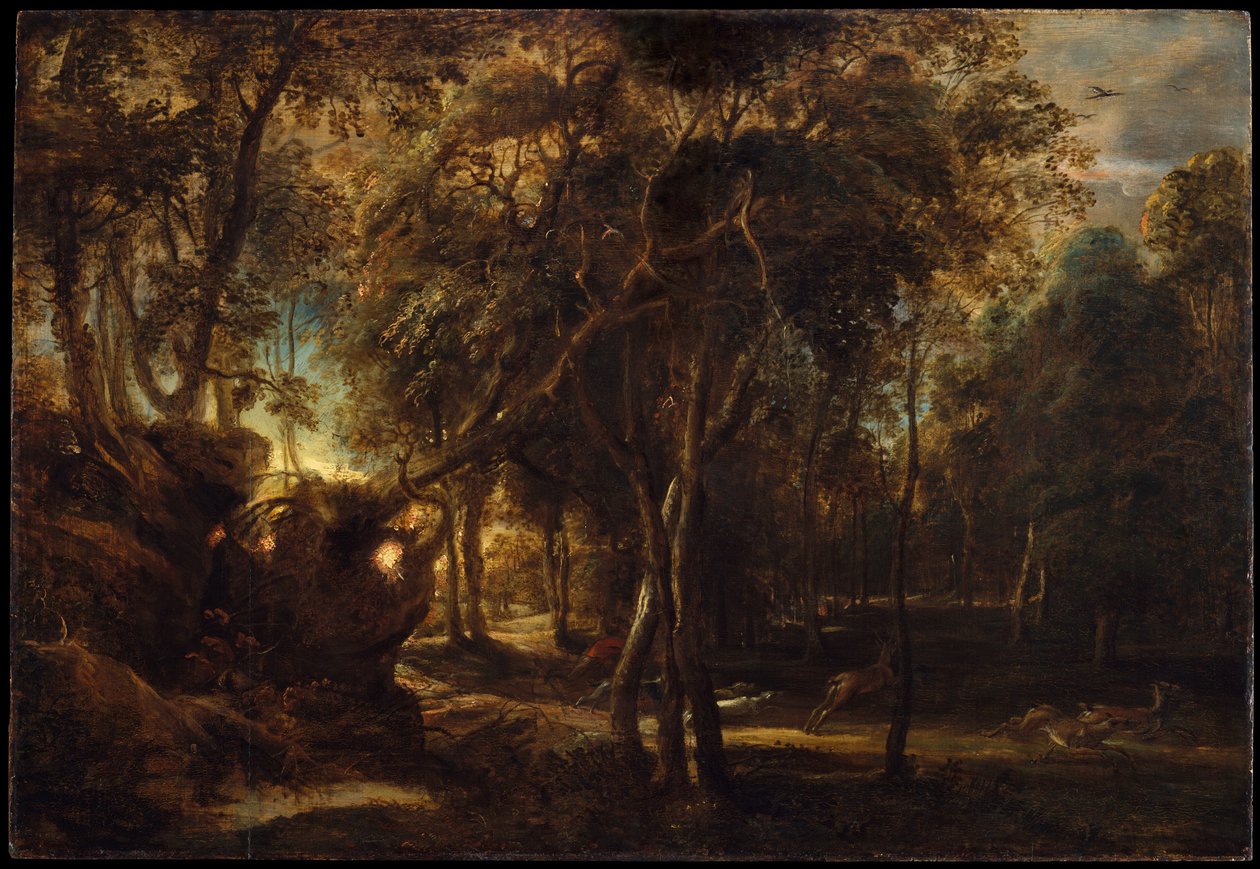 A Forest at Dawn with a Deer Hunt, ca. 1635 av Peter Paul Rubens