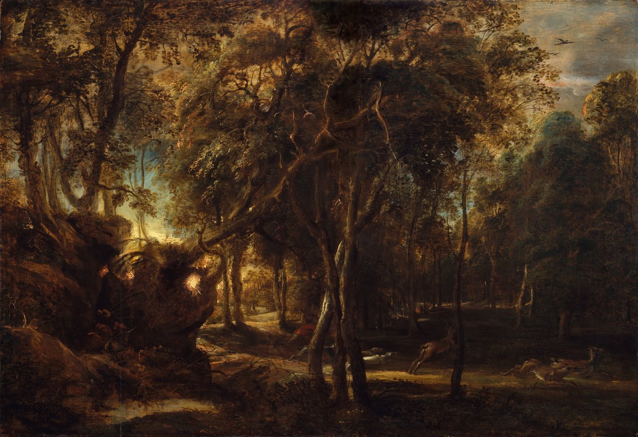 A Forest at Dawn with a Deer Hunt, ca. 1635. av Peter Paul Rubens