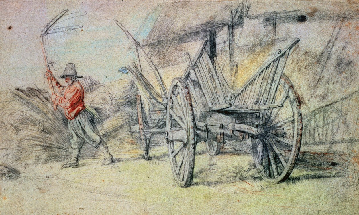 En mann som tresker med en gårdsvogn i forgrunnen av Peter Paul Rubens
