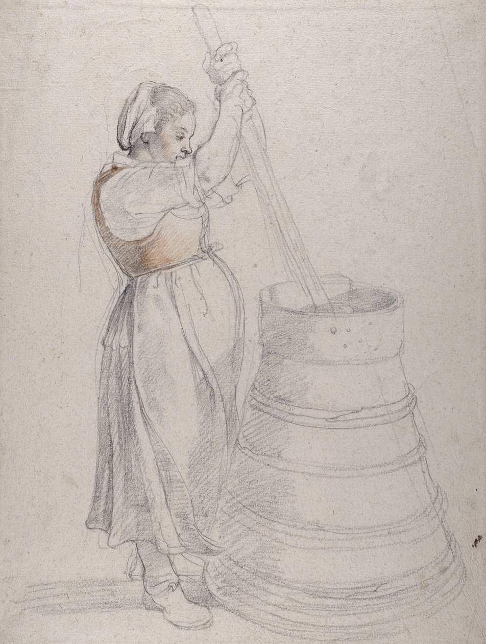 En bondepike kjerner smør (svart og rødt kritt med penn på hvitt papir) av Peter Paul Rubens