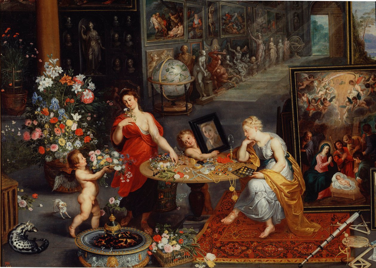 Allegori om syn og lukt Detalj. Unge kvinner nær et bord dekket med blomster og juveler, presenterer en engel et speil til en av kvinnene som beundrer seg selv. Kunstverk hoper seg opp i bakgrunnen. En ilder ligger til venstre. Maleri av Pierre Pa av Peter Paul Rubens