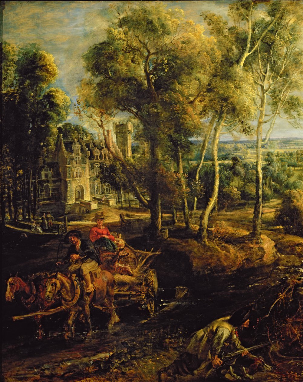 Et høstlandskap med utsikt over Het Steen tidlig om morgenen, ca. 1636 olje på paneldetalj av 211075 av Peter Paul Rubens