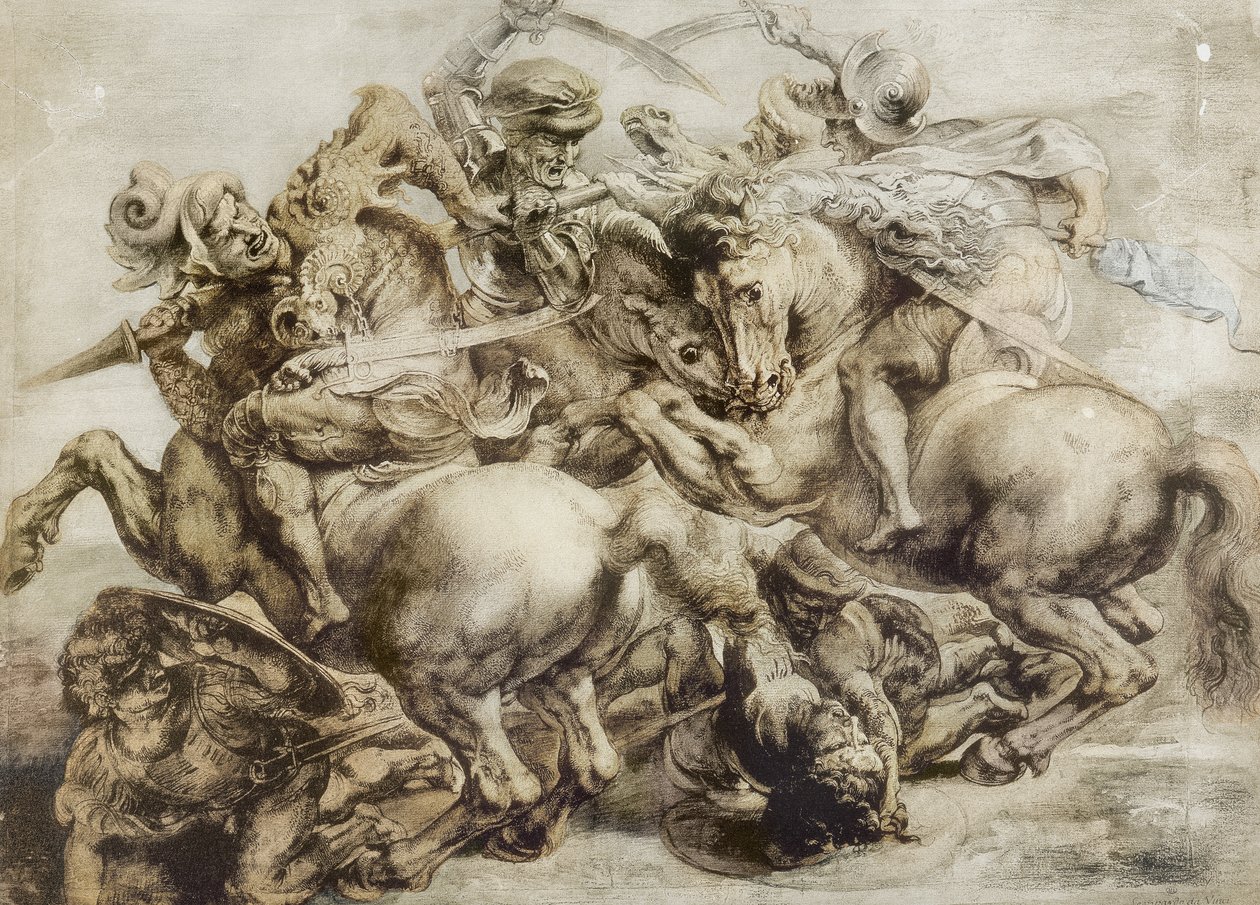 Slaget ved Anghiari, etter Leonardo da Vinci (penn og blekk med vask på papir) av Peter Paul Rubens