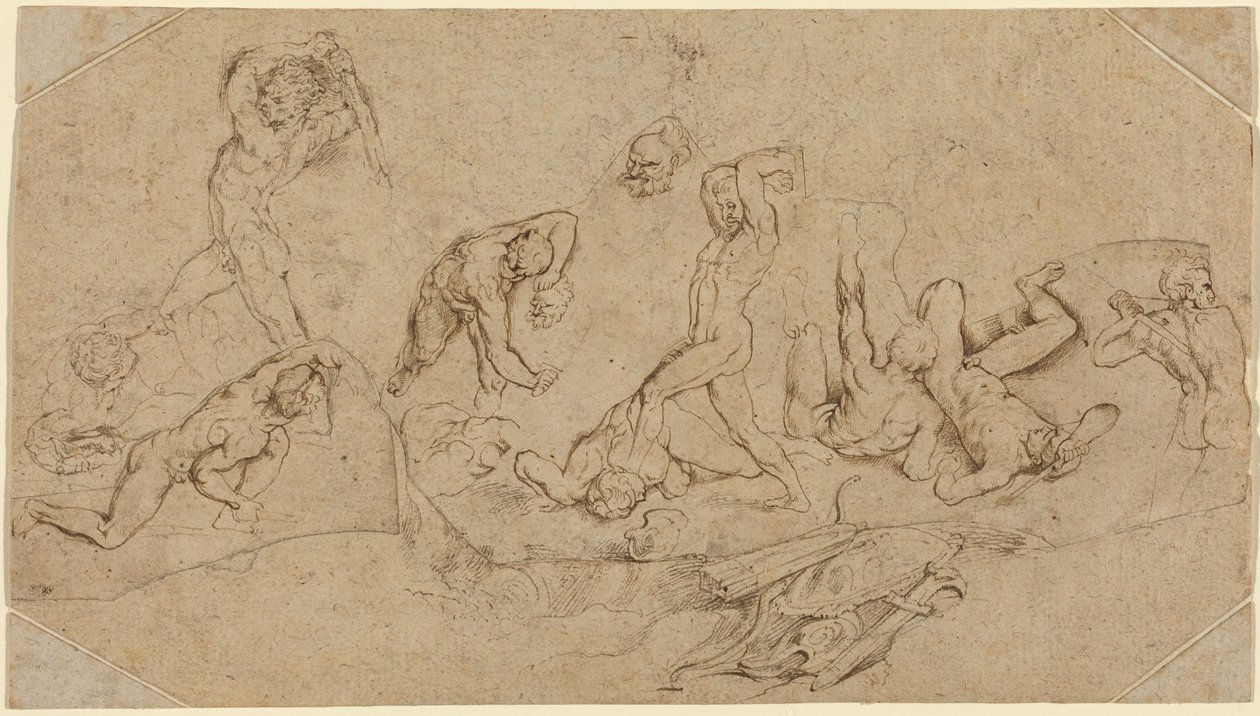 Slaget om nakne menn (penn og brunt blekk over svart kritt på fire uregelmessig kuttede biter av to typer polert papir; lagt ned og med hjørnebiter lagt til) av Peter Paul Rubens